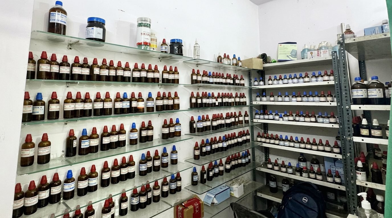 In-house dispensary shelves with homeopathic medicine bottles at the clinic in Jaitpur